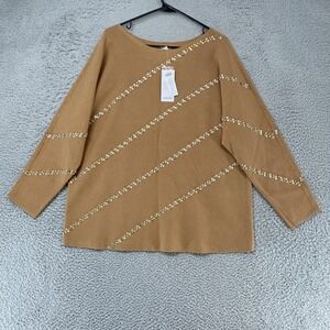 Chicos Sweater Womens 3 / XL Brown Diagonal Beaded Neutral Knit Pullover Sequin